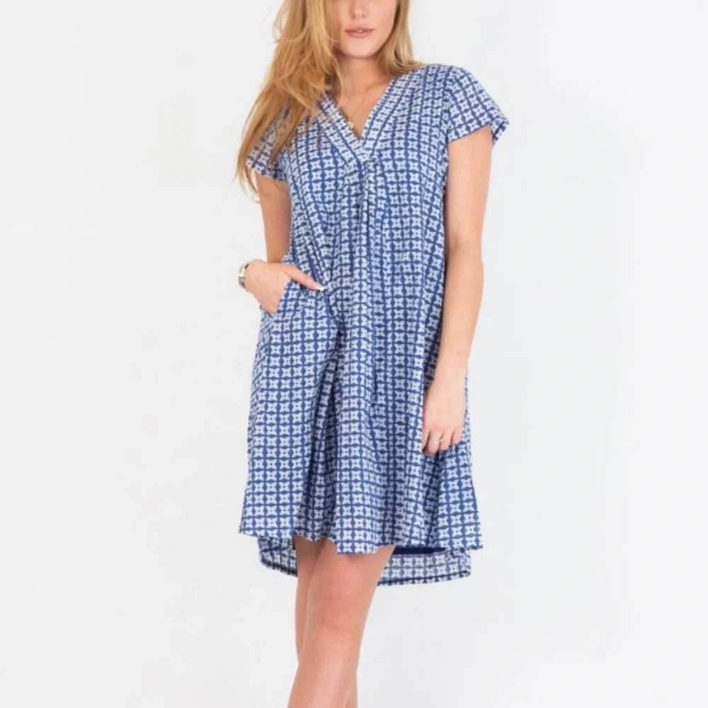 ZEN ETHIC Women's Pistil V Neck A Line Blue White Block Print Patterned Dress L - Picture 1 of 16